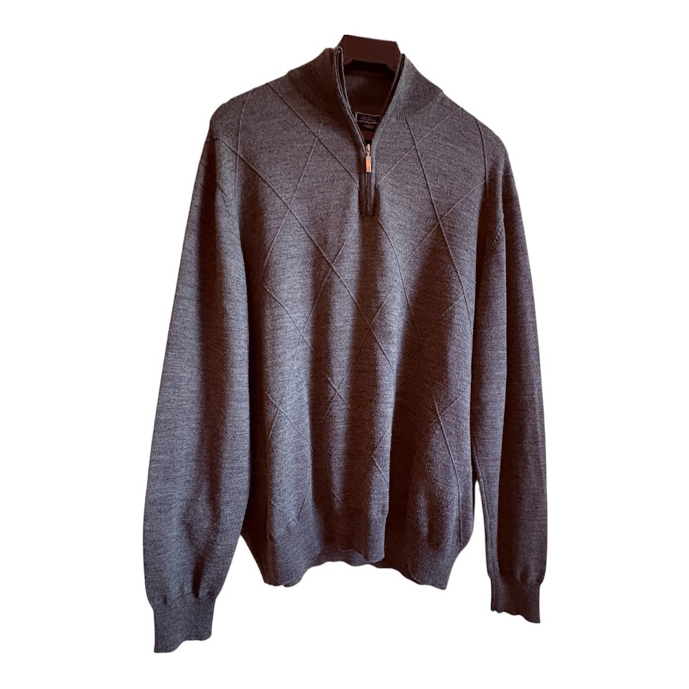 Tom James Men's XL Lightweight Charcoal Diamond Pattern Quarter Zip‎ Sweater